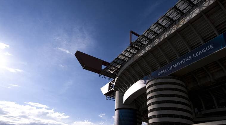 Italy: Giuseppe Meazza stadium - Champion League A banner with team crests of Atletico Madrid. Giuseppe Meazza stadium (also known as San Siro) will host the Champions League final between Real Madrid Cub de Futbol and Club Atletico De Madrid.  NicolòxCampo