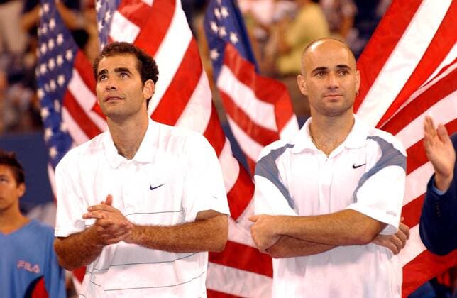 Jan. 1, 2011 - K26076 SD0908.ANDRE AGASSI AND PETE SAMPRAS.2002 US OPEN TENNIS TOURNAMENT .MENS FINALS.FLUSHING MEADOW PARK, QUEENS, NEW YORK CITY. ANDREA RENAULT 2002 US OPEN MENS FINALS - ZUMAg49_