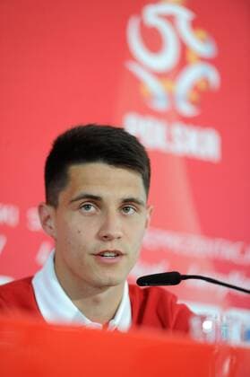 EURO 2016, PK Nationalteam Polen Members of Polish National Football Team on a press conference PK Pressekonferenz Bartosz Kapustka Members of Polish National Football Team on a press conference while attending a football training camp on May 24, 2016 in Arlamow, Poland.  EN_01213148_0017