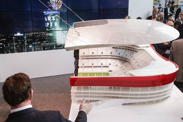 EURO 2020, Modell-Präsentation Eurostadium in Brüssel Illustration picture shows a maquette of the Eurostadium stadium, Wednesday 25 May 2016 in Brussels. The Eurostadium is a proposed soccer stadium which would host games of the Belgian national team Nationalteam and possibly the opening match of the 2020 European Championships. THIERRYxROGE  x04858452x