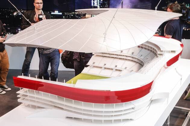 EURO 2020, Modell-Präsentation Eurostadium in Brüssel Illustration picture shows a maquette of the Eurostadium stadium, Wednesday 25 May 2016 in Brussels. The Eurostadium is a proposed soccer stadium which would host games of the Belgian national team Nationalteam and possibly the opening match of the 2020 European Championships. THIERRYxROGE  x04858458x