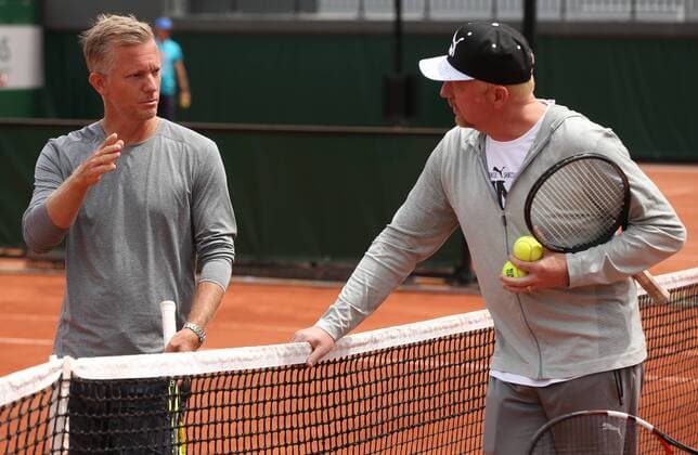 Goffin s coach Thomas Johansson and Djokovic coach Boris Becker pictured during a training session at the Roland Garros French Open tennis tournament, in Paris, France, Friday 27 May 2016. The Roland Garros Grand Slam takes place from 15 May to 5 June 2016. VIRGINIExLEFOUR  x04859806x