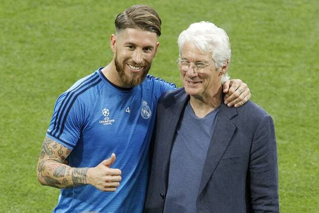 American actor Richard Gere with Real Madrid s player Sergio Ramos during Champions League 2015 2016 training session. May 27,2016.  (20160527152)