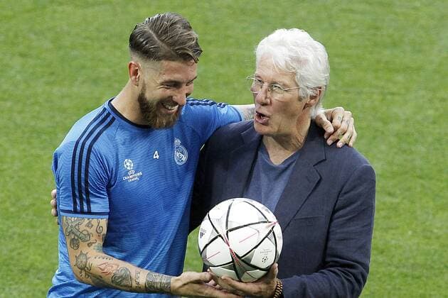American actor Richard Gere with Real Madrid s player Sergio Ramos during Champions League 2015 2016 training session. May 27,2016.  (20160527161)