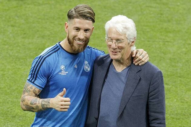 American actor Richard Gere with Real Madrid s player Sergio Ramos during Champions League 2015 2016 training session. May 27,2016.  (20160527156)