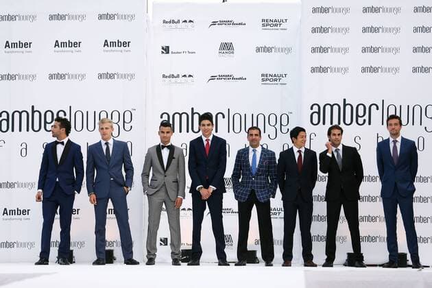 Monaco Grand Prix, Monte Carlo 25 - 29 May 2016 (L to R): Daniel Ricciardo (AUS) Red Bull Racing; Marcus Ericsson (SWE) Sauber F1 Team; Pascal Wehrlein (GER) Manor Racing; Esteban Ocon (FRA) Renault F1 Team Test Driver; Marc Gene (ESP) Ferrari Test Driver; Rio Haryanto (IDN) Manor Racing; Felipe Nasr (BRA) Sauber F1 Team; and Jolyon Palmer (GBR) Renault Sport F1 Team, at the Amber Lounge Fashion Show. 27.05.2016. 
