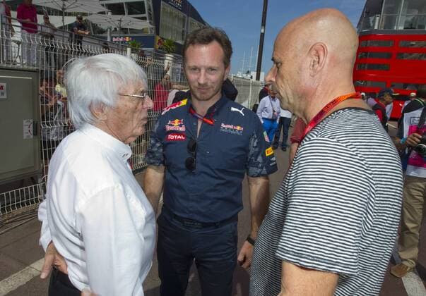 Monaco, Monte Carlo - May 28, 2016: FIA Formula One World Championship WM Weltmeisterschaft with F1 Boss Bernie Ecclestone, Christian Horner (Red Bull Racing) and Guy Laliberte (Cirque du Soleil) Monaco F1 Grand Prix