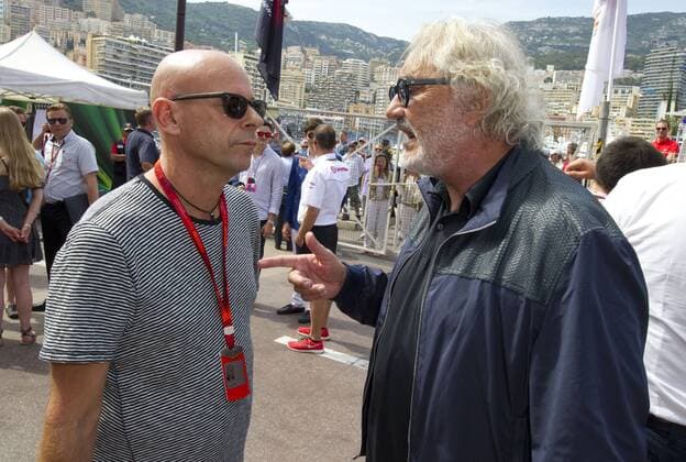 Monaco, Monte Carlo - May 28, 2016: FIA Formula One World Championship WM Weltmeisterschaft with Flavio Briatore and Guy Laliberte (Cirque du Soleil) Monaco F1 Grand Prix