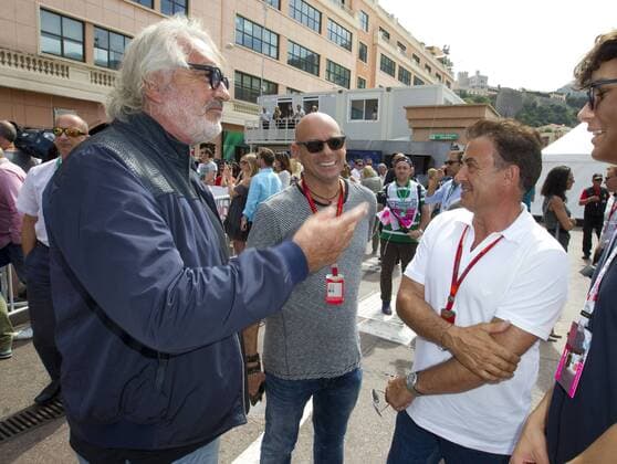 Monaco, Monte Carlo - May 28, 2016: FIA Formula One World Championship WM Weltmeisterschaft with Flavio Briatore, Guy Laliberte (Cirque du Soleil) and Jean Alesi Monaco F1 Grand Prix