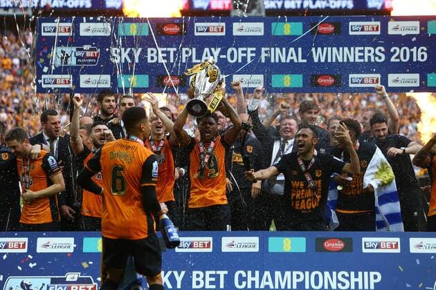 Hull celebrate promotion during the Skybet Championship Play Off Final match at Wembley Stadium. Championship, Hull City vs. Sheffield Wednesday EDITORIAL USE ONLY. No use with unauthorised audio, video, data, fixture lists, club league logos or live services. Online in-match use limited to 120 images, no video emulation. No use in betting, games or single club league player publications.