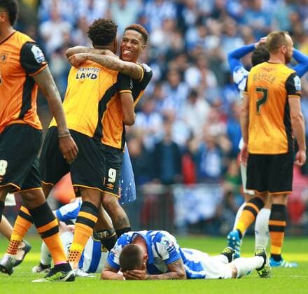 Championship Play-Off Final - Hull City v Sheffield Wednesday . . London, UK . . 28.05.2016 Abel Hernandez (HC) is ecstatic whilst Jack Hunt (SW) is distraught on the floor after the defeat. 