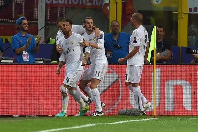 Fußball Champions League Finale Real Madrid - Atletico Madrid am 28.05.2016 im Giuseppe-Meazza-Stadion in Mailand Torjubel zum 1:0 durch Sergio Ramos ( Real Madrid ) xRx