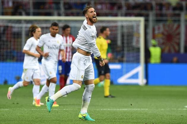 Fußball Champions League Finale Real Madrid - Atletico Madrid am 28.05.2016 im Giuseppe-Meazza-Stadion in Mailand Torjubel zum 1:0 durch Sergio Ramos ( Real Madrid ) xRx