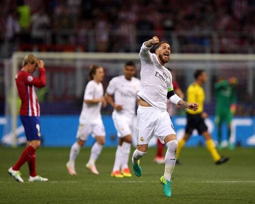 28.05.2016, Fussball Champions-League Finale 2016, Real Madrid - Atletico Madrid, im Guiseppe Meazza Stadion in Mailand (Italien). Torjubel Sergio Ramos (Real Madrid) zum 1:0. 