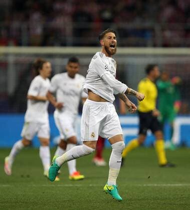 28.05.2016, Fussball Champions-League Finale 2016, Real Madrid - Atletico Madrid, im Guiseppe Meazza Stadion in Mailand (Italien). Torjubel Sergio Ramos (Real Madrid) zum 1:0. 