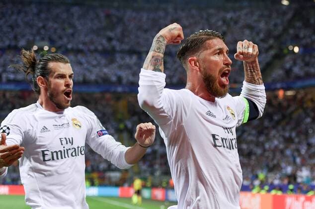 FUSSBALL CHAMPIONS LEAGUE FINALE SAISON 2015 2016 Real Madrid - Atletico Madrid 28.05.2016 Gareth Bale (li) und Sergio Ramos (re, beide Real Madrid) jubeln nach dem 1:0 