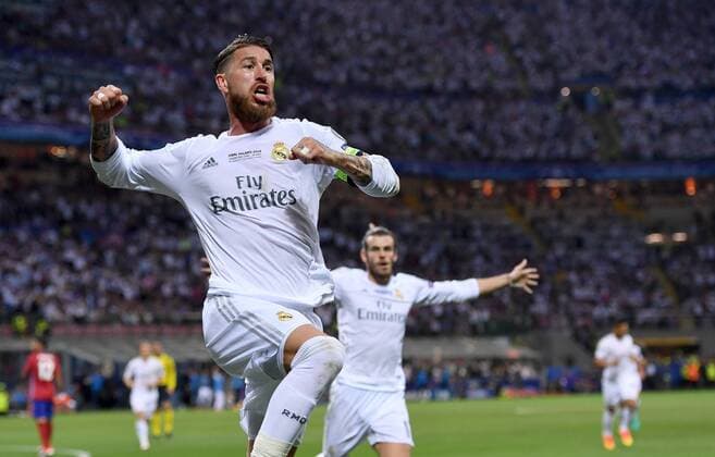 FUSSBALL CHAMPIONS LEAGUE FINALE SAISON 2015 2016 Real Madrid - Atletico Madrid 28.05.2016 Sergio Ramos (Real Madrid) bejubelt seinen Treffer zum 1:0 