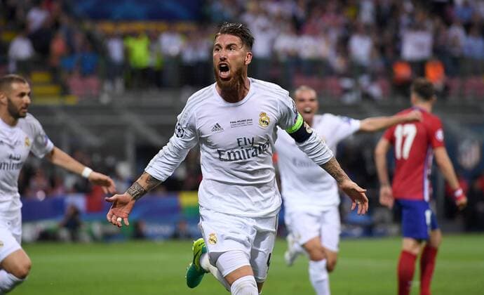 FUSSBALL CHAMPIONS LEAGUE FINALE SAISON 2015 2016 Real Madrid - Atletico Madrid 28.05.2016 Sergio Ramos (Real Madrid) bejubelt seinen Treffer zum 1:0 