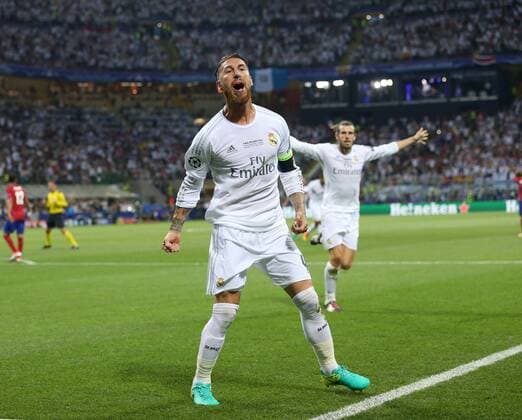Sergio Ramos of Real Madrid celebrates scoring the first goal during the UEFA Champions League Final match at the Giuseppe Meazza Stadium, Milan, Italy. Photo credit should read: David Klein Sportimage EDITORIAL USE ONLY. No use with unauthorised audio, video, data, fixture lists, club league logos or live services. Online in-match use limited to 120 images, no video emulation. No use in betting, games or single club league player publications.