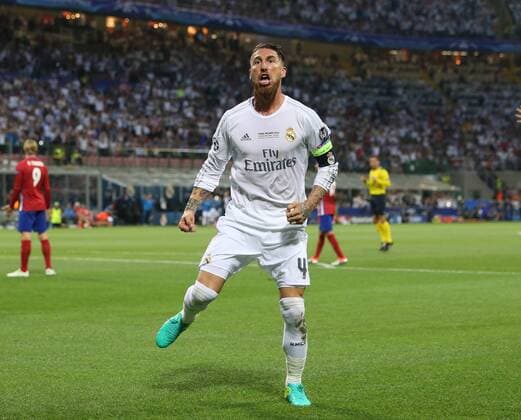 Sergio Ramos of Real Madrid celebrates scoring the first goal during the UEFA Champions League Final match at the Giuseppe Meazza Stadium, Milan, Italy. Photo credit should read: David Klein Sportimage EDITORIAL USE ONLY. No use with unauthorised audio, video, data, fixture lists, club league logos or live services. Online in-match use limited to 120 images, no video emulation. No use in betting, games or single club league player publications.
