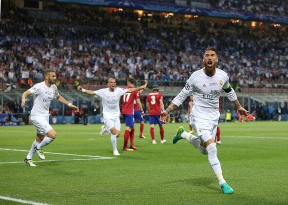 Sergio Ramos of Real Madrid celebrates scoring the first goal during the UEFA Champions League Final match at the Giuseppe Meazza Stadium, Milan, Italy. Photo credit should read: David Klein Sportimage EDITORIAL USE ONLY. No use with unauthorised audio, video, data, fixture lists, club league logos or live services. Online in-match use limited to 120 images, no video emulation. No use in betting, games or single club league player publications.