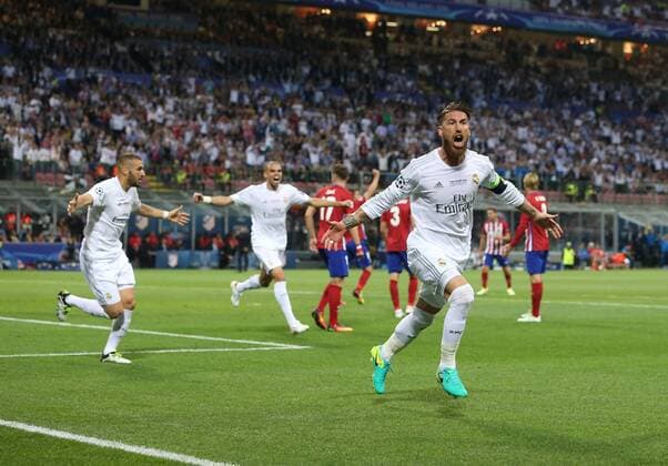 Sergio Ramos of Real Madrid celebrates scoring the first goal during the UEFA Champions League Final match at the Giuseppe Meazza Stadium, Milan, Italy. Photo credit should read: David Klein Sportimage EDITORIAL USE ONLY. No use with unauthorised audio, video, data, fixture lists, club league logos or live services. Online in-match use limited to 120 images, no video emulation. No use in betting, games or single club league player publications.