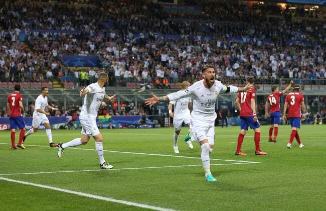 Sergio Ramos of Real Madrid celebrates scoring the first goal during the UEFA Champions League Final match at the Giuseppe Meazza Stadium, Milan, Italy. Photo credit should read: David Klein Sportimage EDITORIAL USE ONLY. No use with unauthorised audio, video, data, fixture lists, club league logos or live services. Online in-match use limited to 120 images, no video emulation. No use in betting, games or single club league player publications.