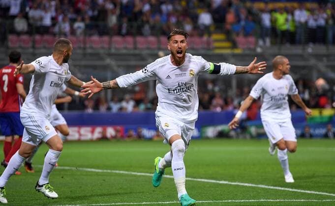FUSSBALL CHAMPIONS LEAGUE FINALE SAISON 2015 2016 Real Madrid - Atletico Madrid 28.05.2016 Sergio Ramos (Real Madrid) bejubelt seinen Treffer zum 1:0 