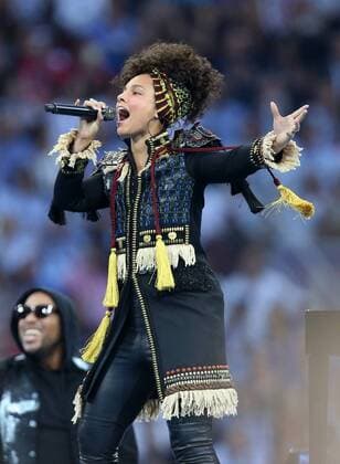 28.05.2016, Fussball Champions-League Finale 2016, Real Madrid - Atletico Madrid, im Guiseppe Meazza Stadion in Mailand (Italien). Sängerin Alicia Keys (USA) performt auf der Bühne vor dem Finale. 