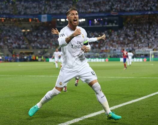 Sergio Ramos of Real Madrid celebrates scoring the first goal during the UEFA Champions League Final match at the Giuseppe Meazza Stadium, Milan, Italy. Photo credit should read: David Klein Sportimage EDITORIAL USE ONLY. No use with unauthorised audio, video, data, fixture lists, club league logos or live services. Online in-match use limited to 120 images, no video emulation. No use in betting, games or single club league player publications.