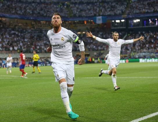 Sergio Ramos of Real Madrid celebrates scoring the first goal during the UEFA Champions League Final match at the Giuseppe Meazza Stadium, Milan, Italy. Photo credit should read: David Klein Sportimage EDITORIAL USE ONLY. No use with unauthorised audio, video, data, fixture lists, club league logos or live services. Online in-match use limited to 120 images, no video emulation. No use in betting, games or single club league player publications.