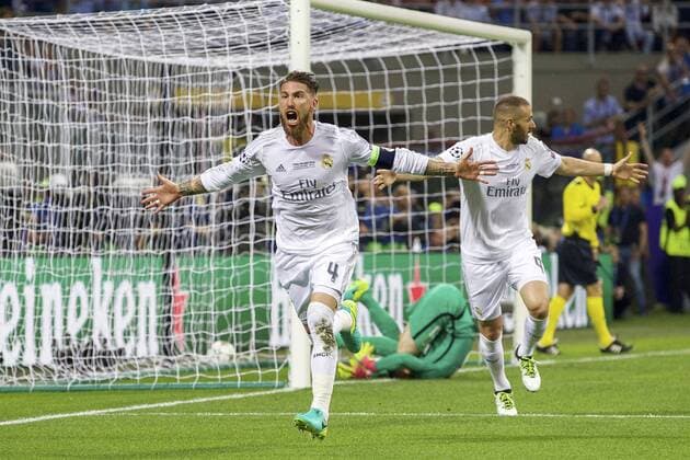 (L-R) Sergio Ramos of Real Madrid, goalkeeper Jan Oblak of Club Atletico de Madrid, Karim Benzema of Real Madrid during the UEFA Champions League final match between Real Madrid and Atletico Madrid on May 28, 2016 at the Giuseppe Meazza San Siro stadium in Milan, Italy. Real Madrid v Atletico Madrid UEFA Champions League final 2015 2016 xVIxxIVx 5566473