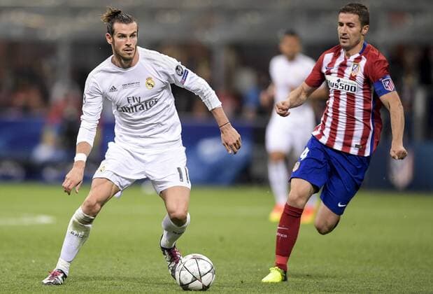 160528 Real Madrids Gareth Bale och Atletico Madrids Gabi under finalen i Champions League mellan Real Madrid och Atletico Madrid den 28 maj 2016 i Milano.  Copyright: JOELxMARKLUND BB160528JM039