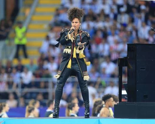 Singer Alicia Keys entertains pre match during the UEFA Champions League Final match at the Giuseppe Meazza Stadium, Milan, Italy. Photo credit should read: David Klein Sportimage EDITORIAL USE ONLY. No use with unauthorised audio, video, data, fixture lists, club league logos or live services. Online in-match use limited to 120 images, no video emulation. No use in betting, games or single club league player publications.