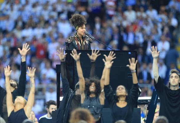 Singer Alicia Keys pre match entertainement during the UEFA Champions League Final match at the Giuseppe Meazza Stadium, Milan, Italy. Photo credit should read: David Klein Sportimage EDITORIAL USE ONLY. No use with unauthorised audio, video, data, fixture lists, club league logos or live services. Online in-match use limited to 120 images, no video emulation. No use in betting, games or single club league player publications.