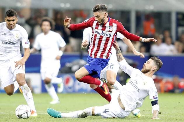 Real Madrid s Sergio Ramos (r) and Atletico de Madrid s Yannick Ferreira Carrasco during UEFA Champions League 2015 2016 Final match.May 28,2016.  (2016052832)