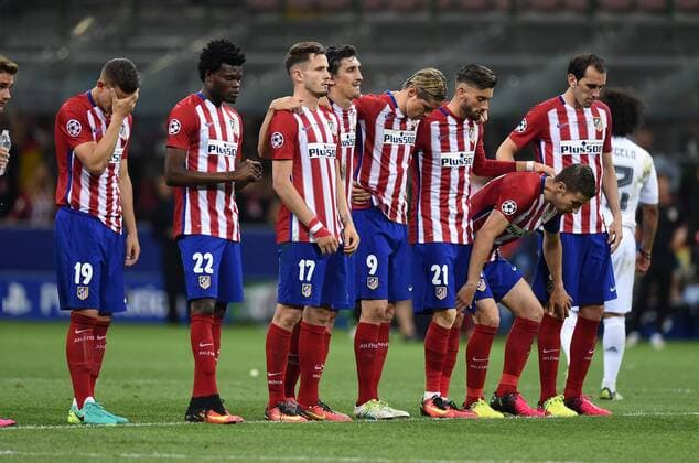 FUSSBALL CHAMPIONS LEAGUE FINALE SAISON 2015 2016 Real Madrid - Atletico Madrid 28.05.2016 Lucas Hernandez, Thomas Partey, Saul Niguez, Fernando Torres, Yannick Carrasco, Diego Godin (v.l., alle Atletico Madrid) 