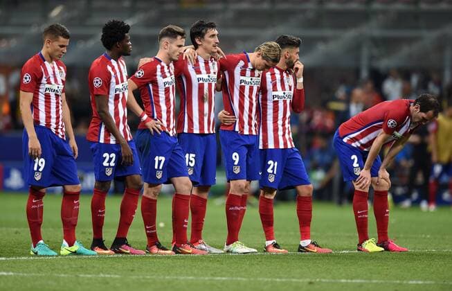 FUSSBALL CHAMPIONS LEAGUE FINALE SAISON 2015 2016 Real Madrid - Atletico Madrid 28.05.2016 Lucas Hernandez, Thomas Partey, Saul Niguez, Fernando Torres, Yannick Carrasco, Diego Godin (v.l., alle Atletico Madrid) 