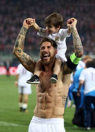 28.05.2016. Milano, Italy. UEFA Champions League final 2016. Atletico Madrid versus Real Madrid. Sergio Ramos and son celebrates after the last penalty which won the final for Real (5-3) xPaoloxNuccix  ActionPlus11742868