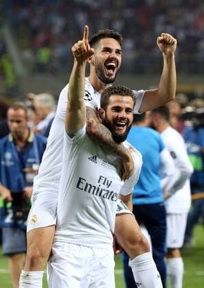 28.05.2016. Milano, Italy. UEFA Champions League final 2016. Atletico Madrid versus Real Madrid. Nacho and Isco ccelebrate after the last penalty which won the final for Real (5-3) xPaoloxNuccix  ActionPlus11742869