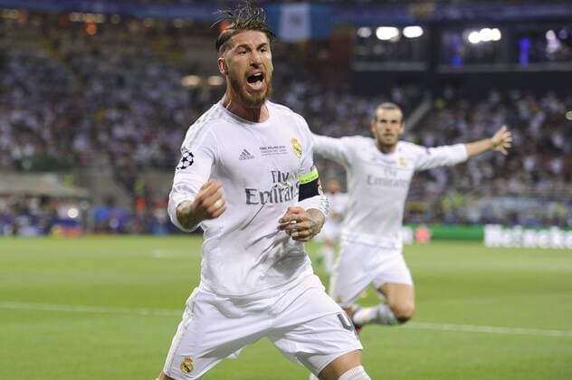 Torjubel Sergio Ramos (Real Madrid) nach Tor zum 1-0,Jubel,Freude,Begeisterung,Aktion. Fussball Champions League Finale 2016 Real Madrid-Atletico Madrid, Saison2015 16, am 28.05.2016,Stadio San Siro Mailand.