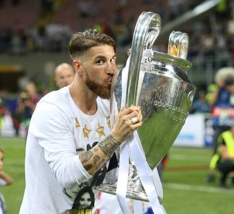 Sergio Ramos of Real Madrid lifts the UEFA Champions League Trophy at the Giuseppe Meazza Stadium, Milan, Italy. Photo credit should read: David Klein Sportimage EDITORIAL USE ONLY. No use with unauthorised audio, video, data, fixture lists, club league logos or live services. Online in-match use limited to 120 images, no video emulation. No use in betting, games or single club league player publications.