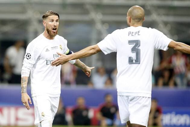 Real Madrid s Sergio Ramos (l) and Pepe during UEFA Champions League 2015 2016 Final match.May 28,2016.  (20160528129)