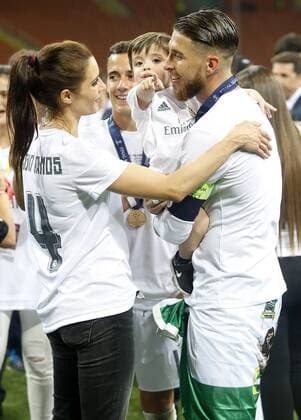 Real Madrid s Sergio Ramos celebrates with his wife, the Spanish actress Pilar Rubio and his son the victory in the UEFA Champions League 2015 2016 Final match.May 28,2016.  (20160528243)