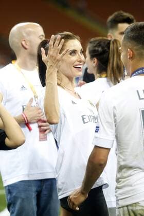 Real Madrid s Sergio Ramos wife, the Spanish actress Pilar Rubio celebrates the victory in the UEFA Champions League 2015 2016 Final match.May 28,2016.  (20160528248)