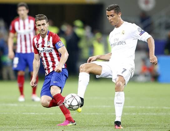 Real Madrid s Cristiano Ronaldo (r) and Atletico de Madrid s Gabi Fernandez during UEFA Champions League 2015 2016 Final match.May 28,2016.  (20160528132)