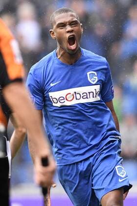 Genk s Christian Kabasele celebrates during the Jupiler Pro League match between RC Genk and Charleroi, in Genk, on Sunday 29 May 2016, return leg match for European barrage in the Belgian soccer championship. YORICKxJANSENS  x04861091x