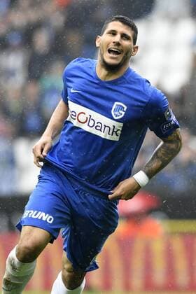 Genk s Nikolaos Karelis celebrates after scoring during the Jupiler Pro League match between RC Genk and Charleroi, in Genk, on Sunday 29 May 2016, return leg match for European barrage in the Belgian soccer championship. YORICKxJANSENS  x04861061x