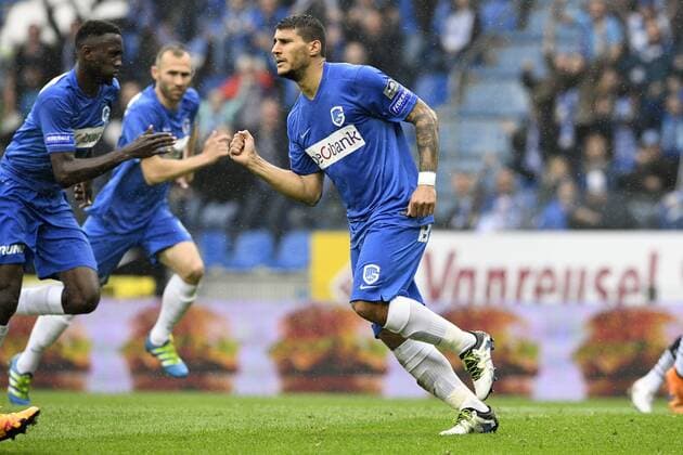Genk s Nikolaos Karelis celebrates after scoring during the Jupiler Pro League match between RC Genk and Charleroi, in Genk, on Sunday 29 May 2016, return leg match for European barrage in the Belgian soccer championship. YORICKxJANSENS  x04860988x