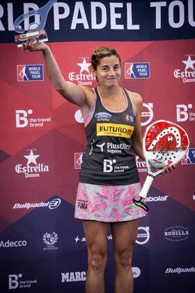 Alejandra Salazar (C) celebrates on podium after she and her teammate Marta Marrero (unseen) defeated Maria Jose Sanchez Alayeto (unseen) and Maria Pilar Sanchez Alayeto (unseen) in the World Padel Tour Madrid Open s women final match in Las Rozas, outside Madrid, Spain, 29 May 2016. The team Salazar - Marrero won the match. World Padel Tour Madrid Open !ACHTUNG: NUR REDAKTIONELLE NUTZUNG!  20160529-636001373005706277